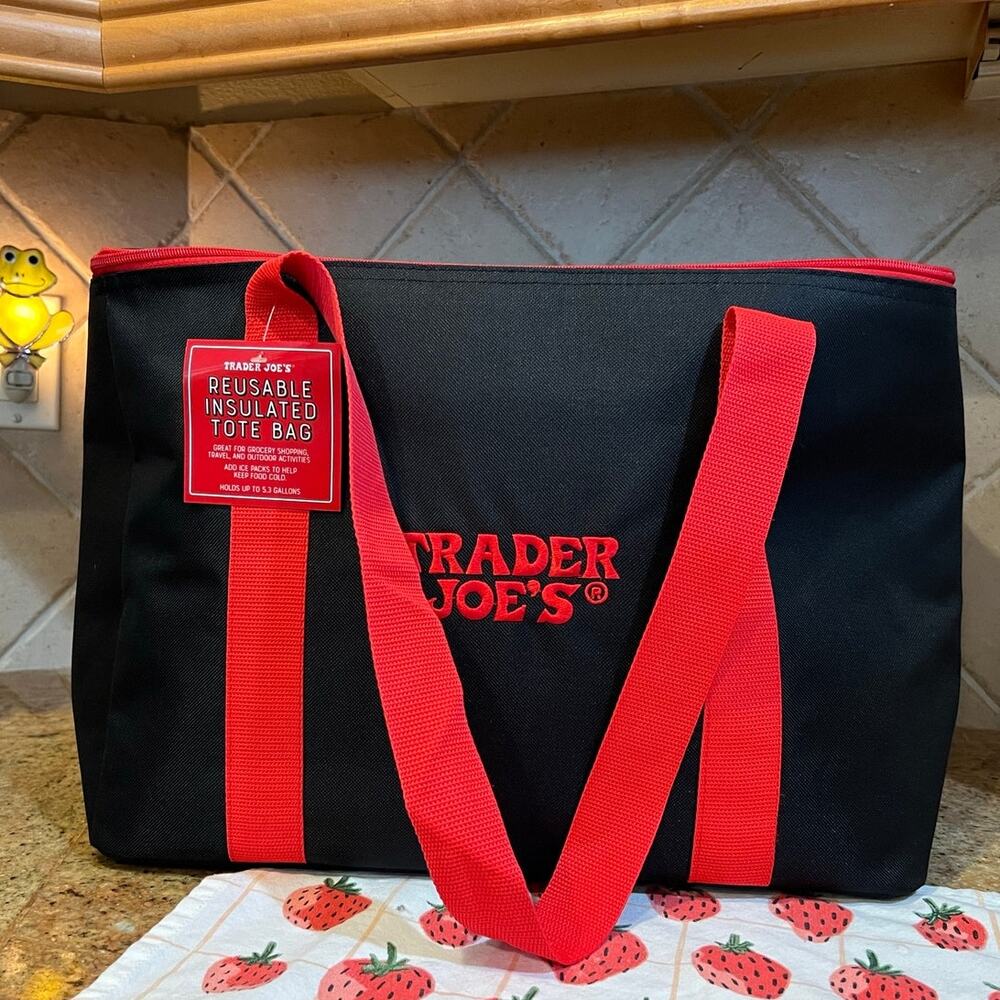 Trader Joe's Black Red Insulated Cooler Tote 5.3 Gallon Zip Reusable Bag NWT